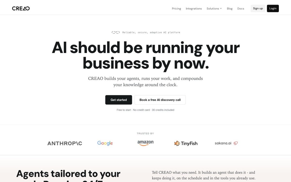 Creao AI のホームページ:「AI should be running your business by now」