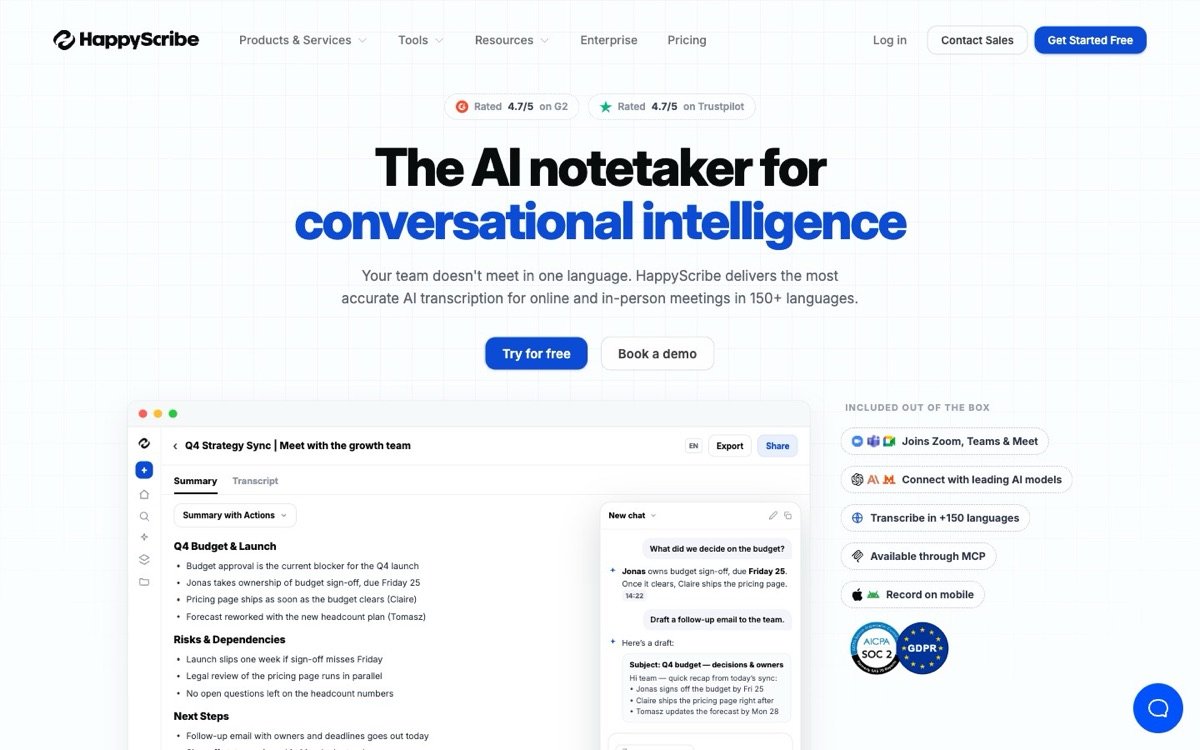 HappyScribeのホームページ：150以上の言語に対応した会議のAI文字起こし。G2とTrustpilotでの評価は4.7/5